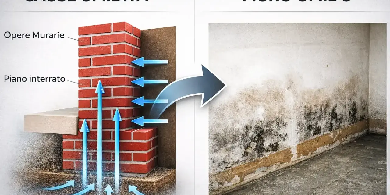 Illustrazione delle cause di umidità di risalita: acqua nel terreno che risale nel muro, creando muffa e macchie.