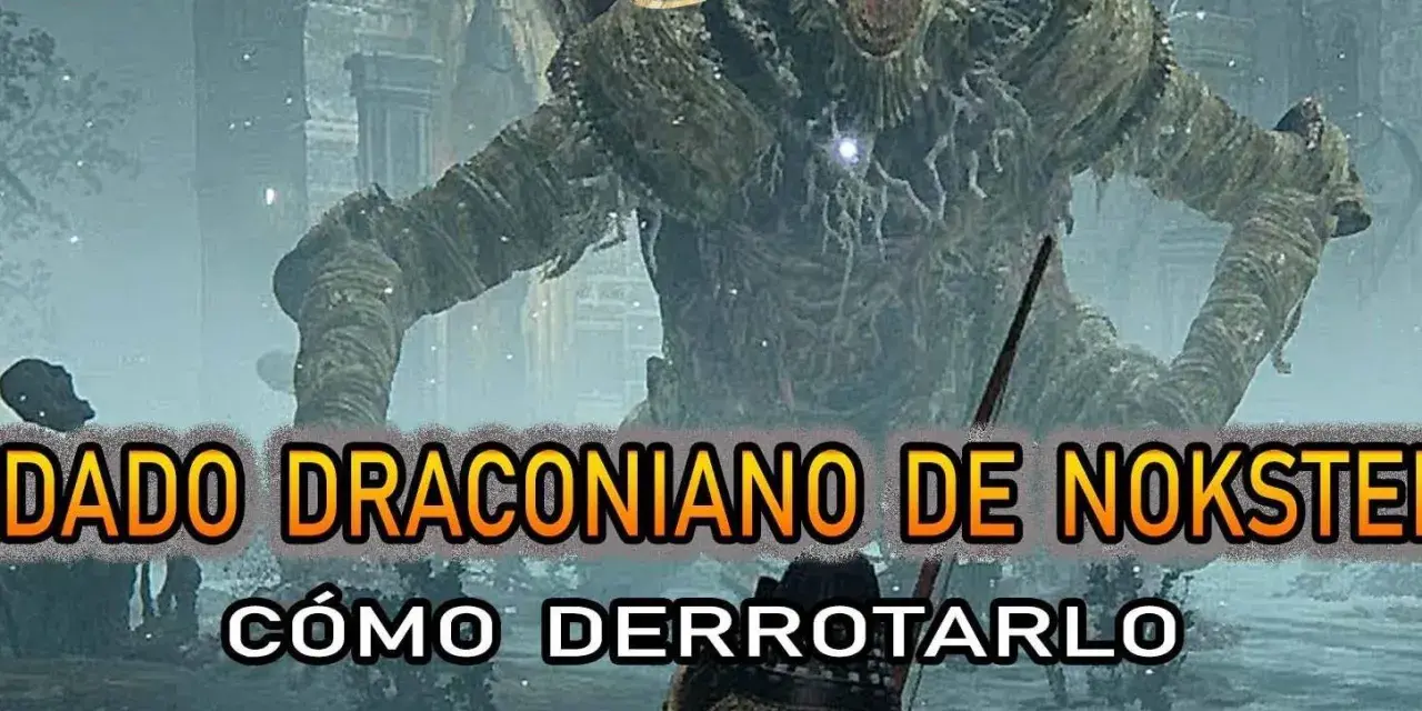 Un guerrero se enfrenta a un enorme soldado draconiano de Nokstella en Elden Ring.