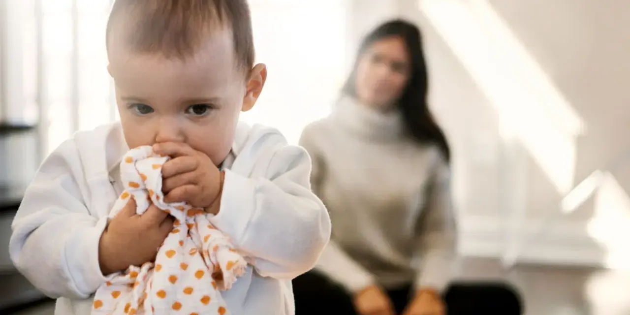 Kleines Baby hält sich an einem Tuch fest, wirkt schüchtern. Im Hintergrund sitzt eine unscharfe Frau.