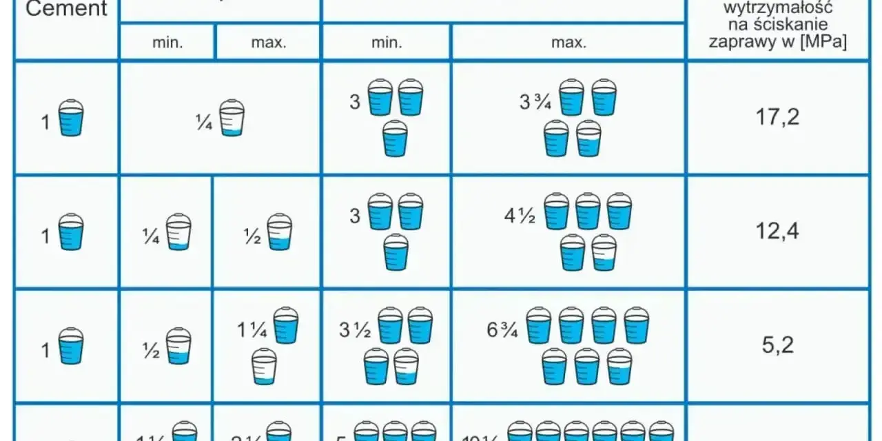 Tabela pokazuje objętościowe proporcje zaprawy murarskiej: cement, wapno i piasek. Różne proporcje dają różną wytrzymałość zaprawy.