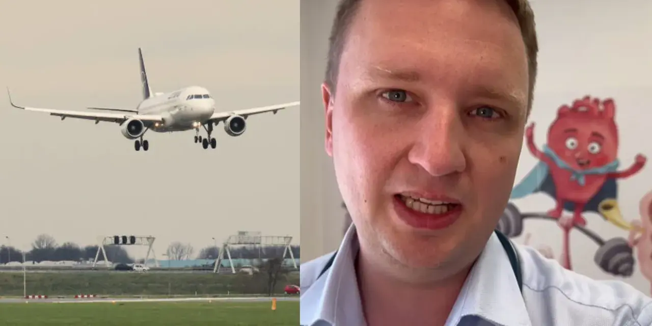 Lekarz wyjaśnia, jak radzić sobie z zapaleniem ucha podczas lotu samolotem. Na ekranie samolot lądujący na lotnisku.