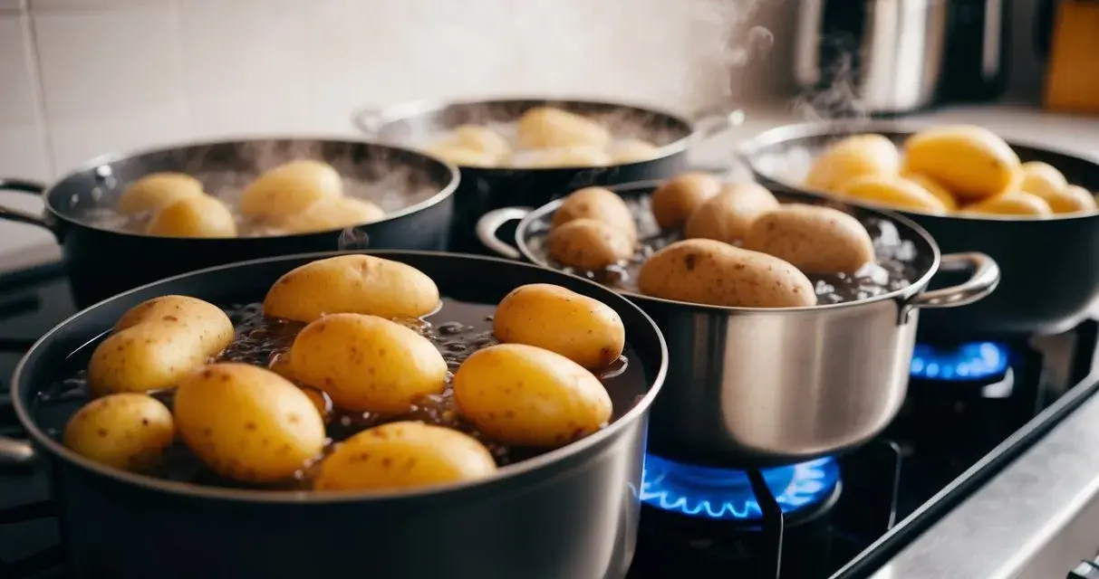 Flera kastruller med potatis som får koka på spisen. Ånga stiger upp från det bubblande vattnet.