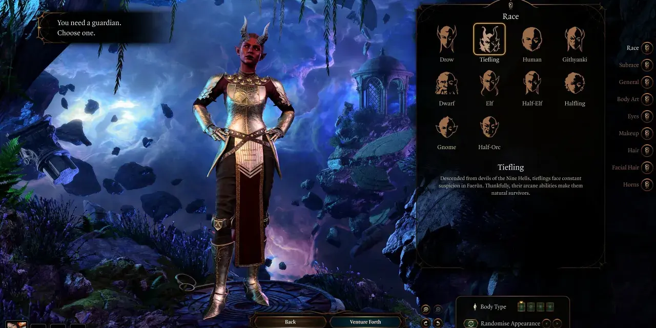 Creación de personajes de Baldur's Gate 3: una mujer Tiefling con armadura dorada y cuernos, lista para la aventura.