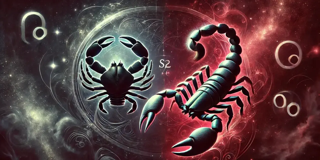 Skorpion i rak w łóżku. Dwa znaki zodiaku, Rak i Skorpion, w kosmicznej scenerii, symbolizują ich intymną relację.