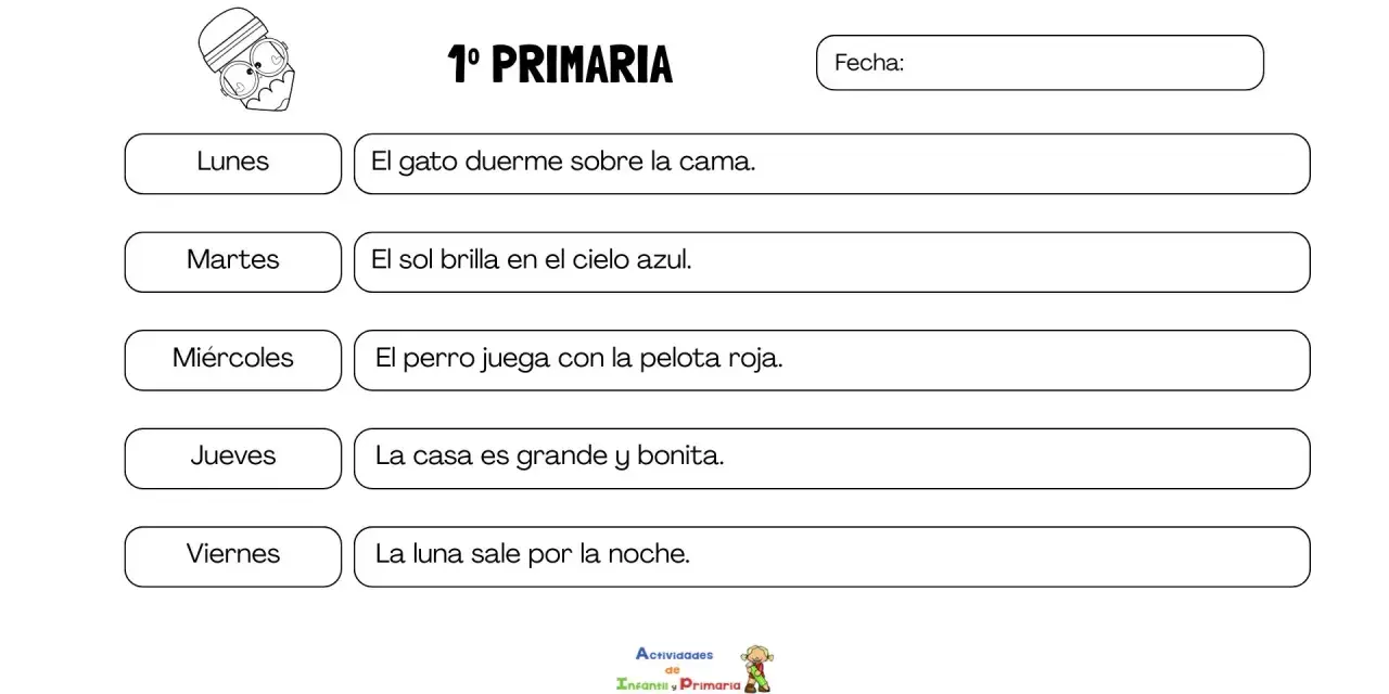 Hoja de dictado 1 primaria con frases sencillas para practicar la escritura.