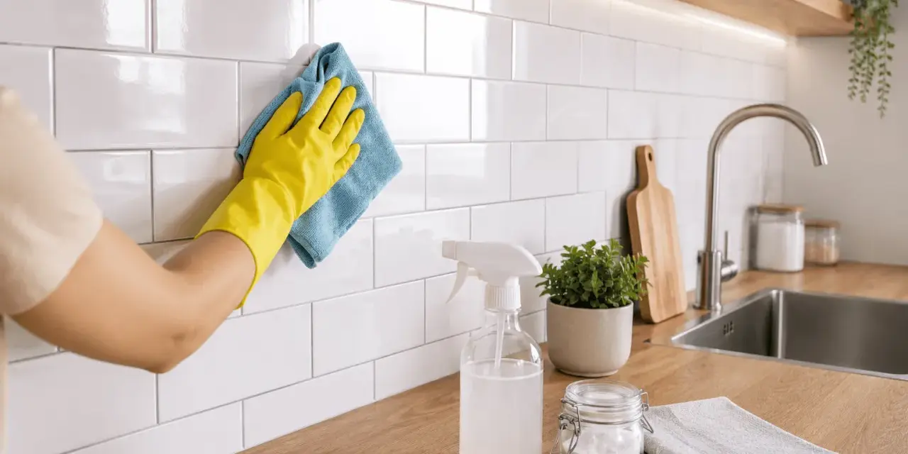 Mano con guante amarillo limpiando azulejos blancos de cocina con paño azul. Spray, planta y bicarbonato cerca del fregadero.