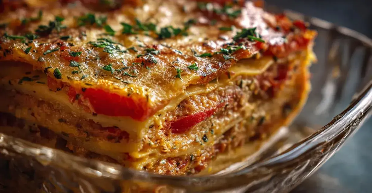 En saftig vegetarisk lasagne med lager av pasta, tomatsås och ost, toppad med färska örter.
