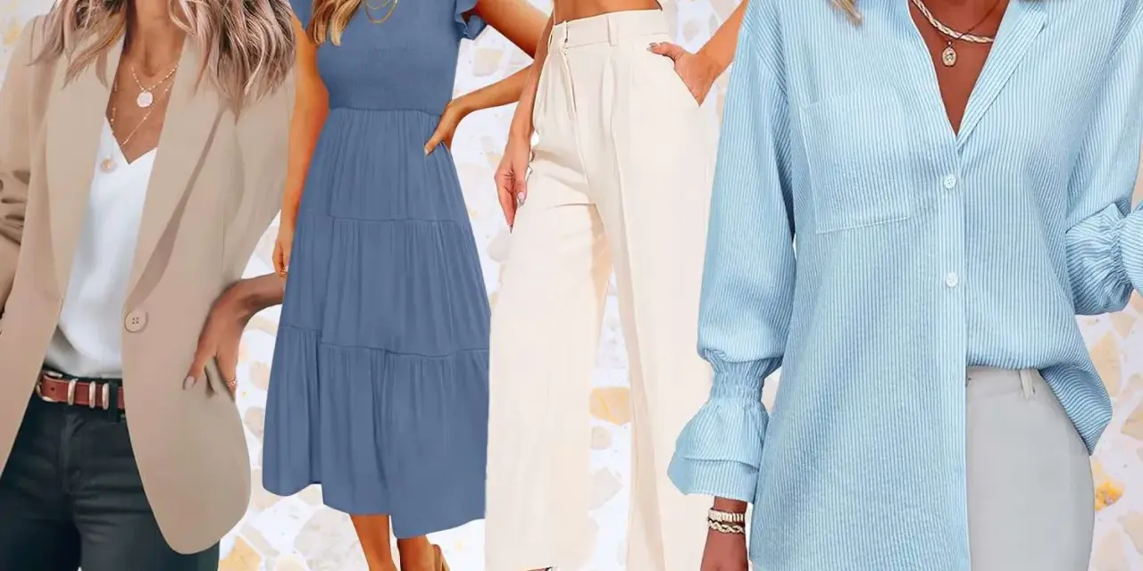 Estilos para un código de vestimenta business casual: blazer beige, vestido azul, pantalones crema y camisa a rayas celestes.