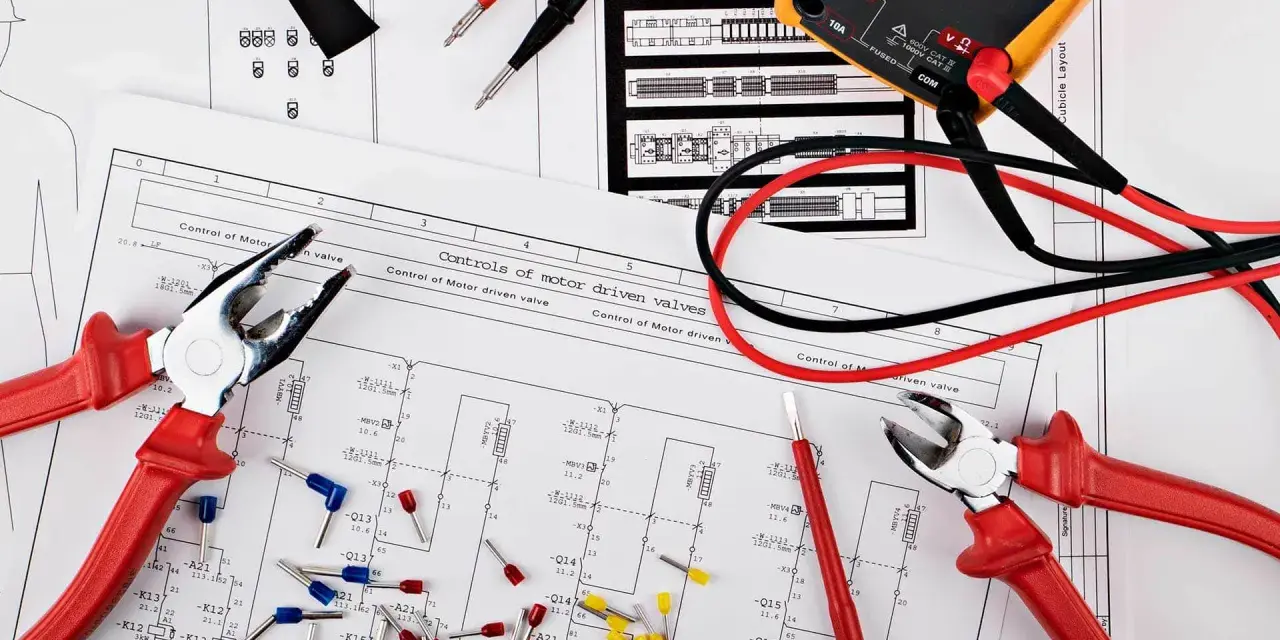 Narzędzia i schemat instalacji elektrycznej: kombinerki, obcinaczki, multimetr i złączki kablowe.