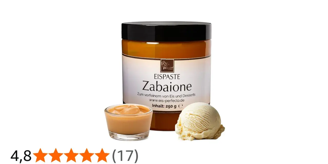 Eis-Perfecto Zabaione Eis Paste für cremigen Eisgenuss. Daneben eine Kugel Vanilleeis und eine Schale der Paste.