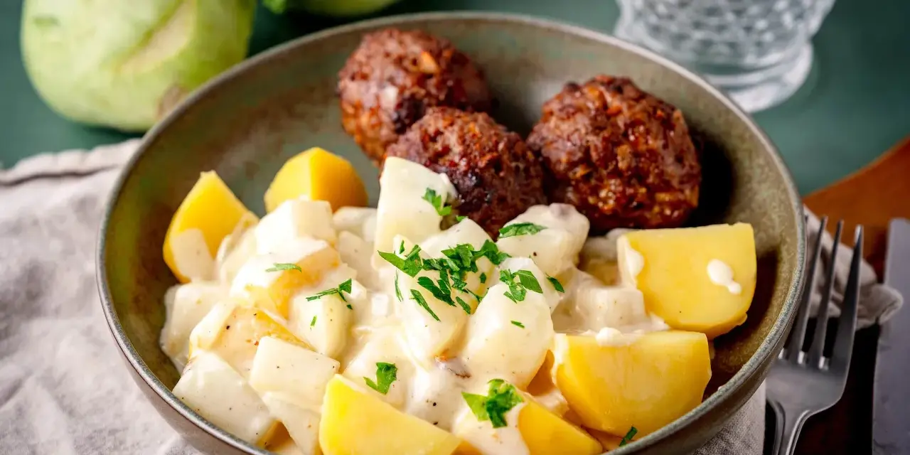 Klassische Kohlrabi-Rezepte: Kohlrabi in cremiger Sauce mit Kartoffeln und Frikadellen, garniert mit Petersilie.