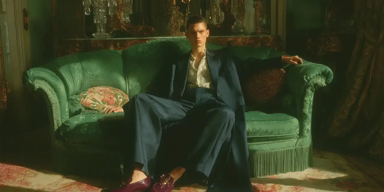 Giovane uomo con abito blu e camicia fantasia, seduto su un divano verde smeraldo, indossa un elegante abito con mocassino bordeaux.