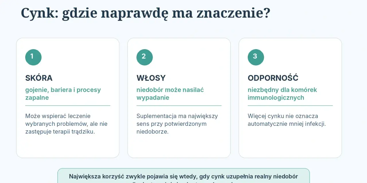 Cynk na skórę wspiera gojenie i procesy zapalne. Warto go suplementować przy potwierdzonym niedoborze, by wzmocnić odporność i włosy.