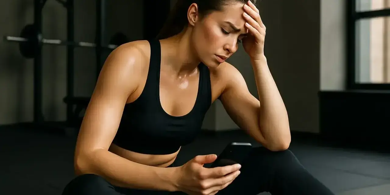 Zmęczona kobieta w siłowni sprawdza telefon, zastanawiając się, ile razy w tygodniu ćwiczyć, by osiągnąć najlepsze efekty.