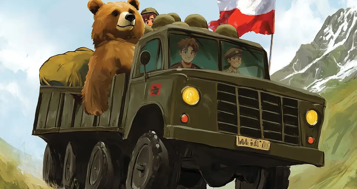 Dziadek i niedźwiadek w wojskowej ciężarówce z polską flagą, jadą przez góry.