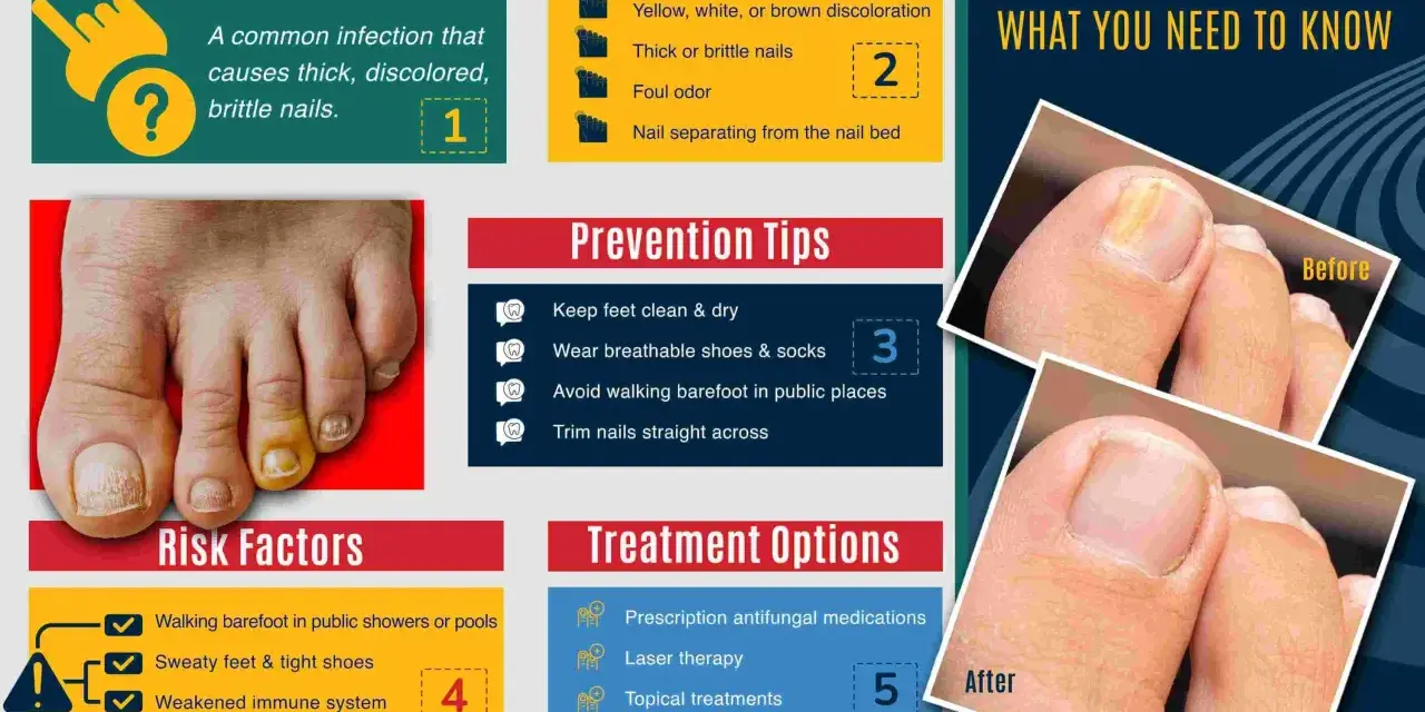 Infographie sur le vernis mycose : causes, symptômes, prévention et traitements. Avant/après montrant l'amélioration d'un ongle atteint.