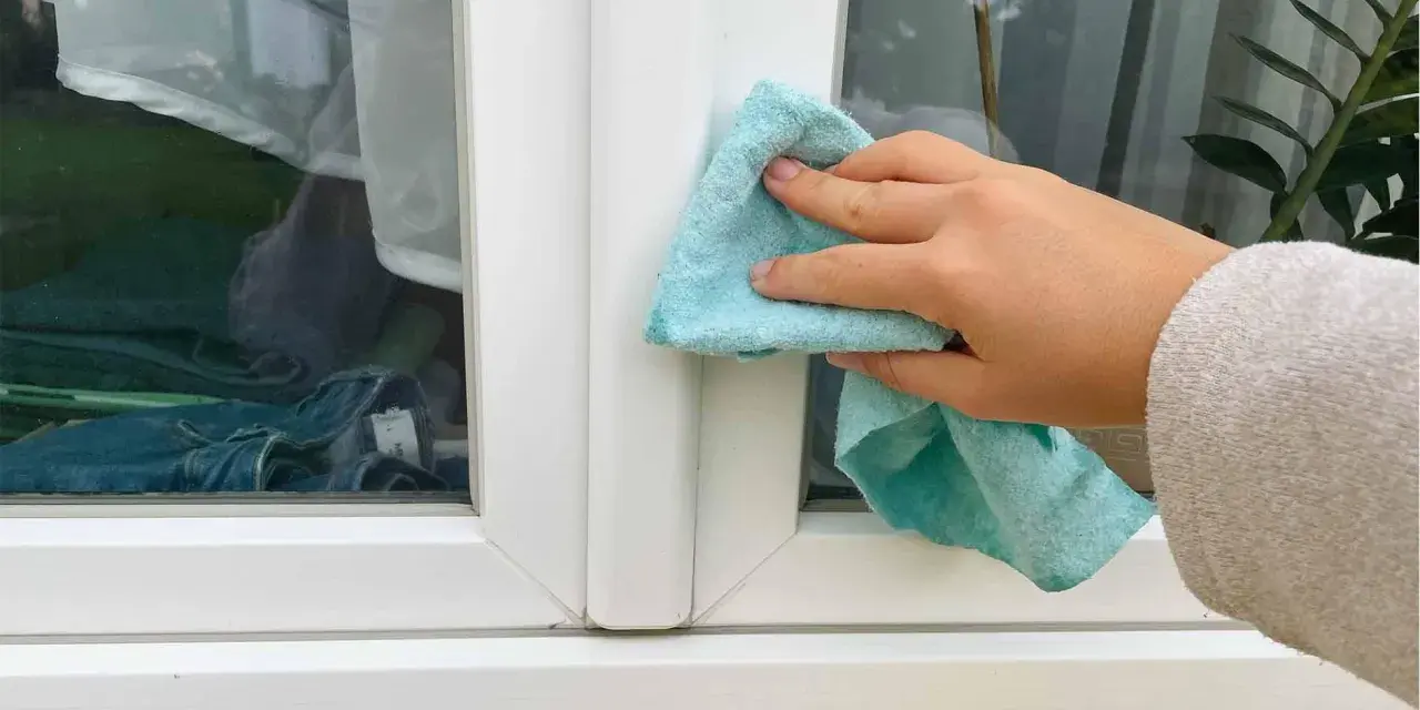 Hand reinigt mit blauem Tuch den weißen Rahmen eines Kunststofffensters.