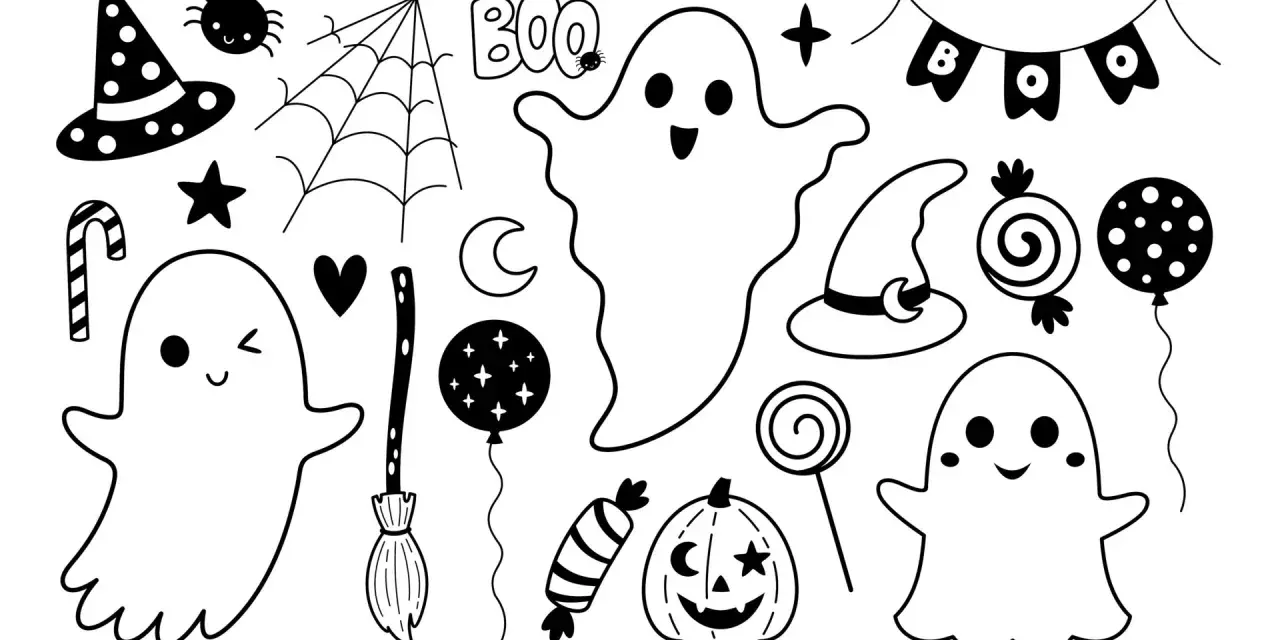 Collection d'éléments d'Halloween : fantômes joyeux, chapeaux de sorcière, citrouille, bonbons, balai, araignée, toile d'araignée. Parfait pour un inspi dessin facile.