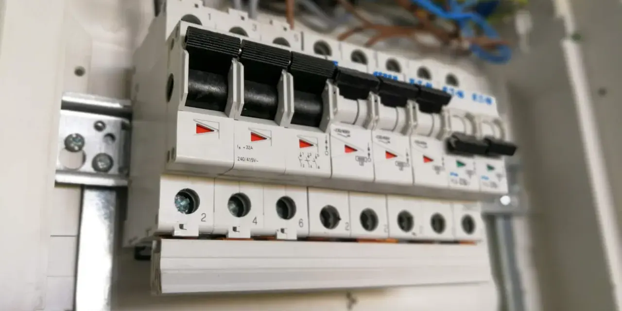 Szereg wyłączników nadprądowych w rozdzielnicy elektrycznej. Widać ich charakterystykę i oznaczenia prądowe.