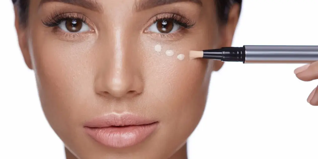 Application de correcteur pour camoufler un cerne bleu. Le pinceau dépose des points de produit sous l'œil.