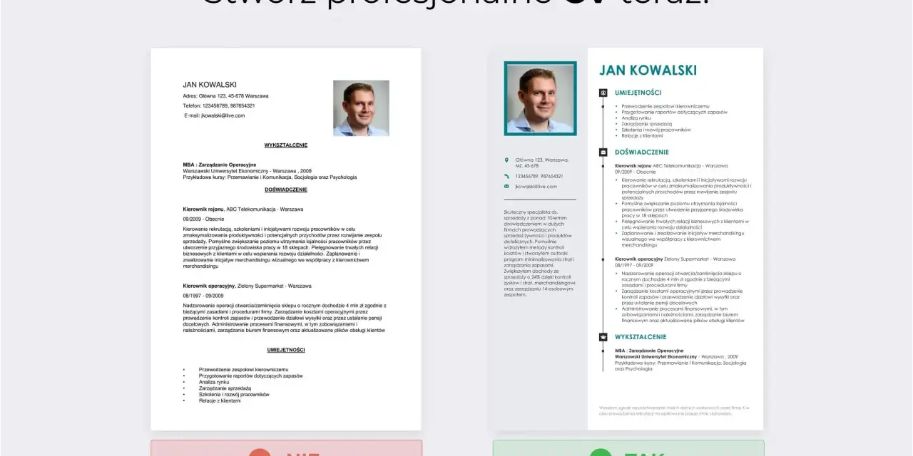 Przykładowe CV Jana Kowalskiego, specjalisty ds. sprzedaży z 10-letnim doświadczeniem, z sekcjami Umiejętności, Doświadczenie i Wykształcenie.