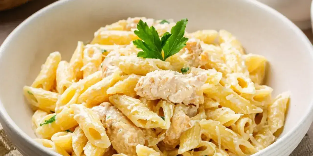 Penne maccheroni w kremowym sosie z kurczakiem, udekorowane natką pietruszki. Pyszne danie w białej misce.