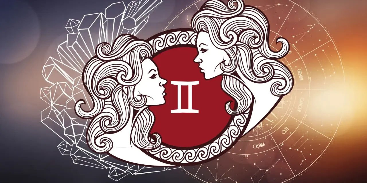 23 maj jaki znak zodiaku? To Bliźnięta, symbolizujące dwoistość i komunikację, przedstawione jako dwie stylizowane twarze.