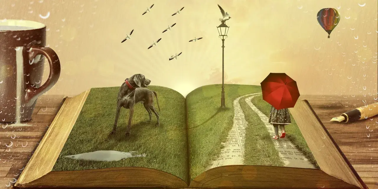 Un livre ouvert se transforme en paysage : un chien, une petite fille sous un parapluie rouge, un ballon et des oiseaux s'envolent. Ces livres d'histoire invitent à l'évasion.
