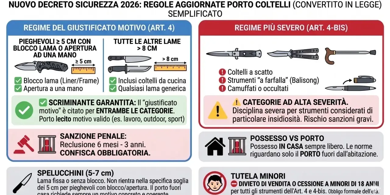 Schema semplificato del porto di coltelli secondo l'art. 4 e 4-bis del nuovo decreto sicurezza.