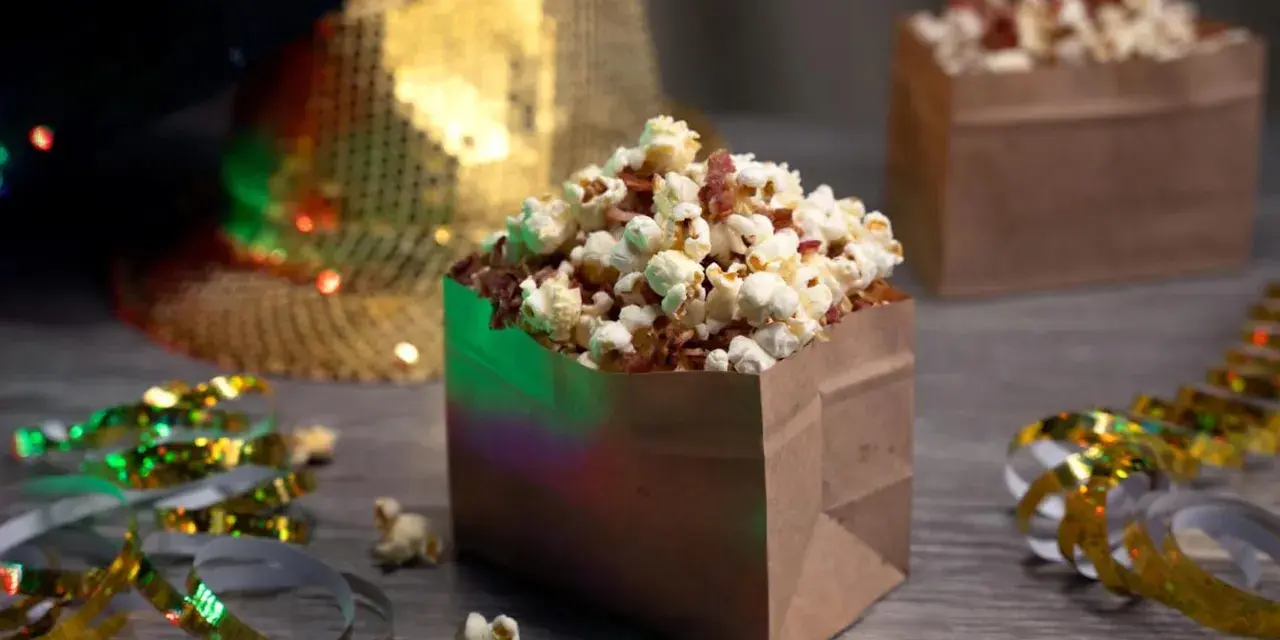 Festliga popcornboxar med bacon, redo för nyårsfirande. Glitterband och en paljetthatt i bakgrunden skapar en festlig stämning.