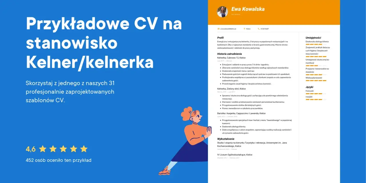 Przykładowe CV na stanowisko kelnerka. Ewa Kowalska, energiczna i entuzjastyczna kelnerka z 3-letnim doświadczeniem, prezentuje swoje umiejętności.