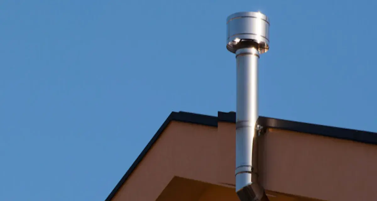 Scarico scaldabagno a gas in facciata, un tubo metallico lucido che sale verso il cielo azzurro, fissato al muro di un edificio.