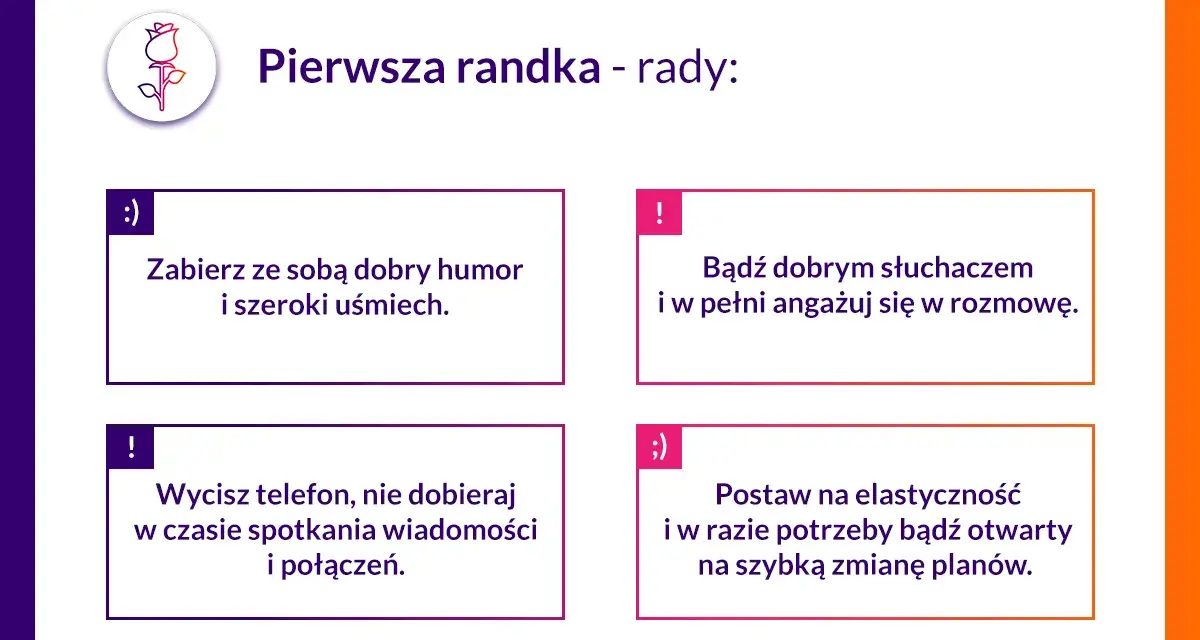Pierwsza randka - rady dla pań: dobry humor, słuchaj, wycisz telefon, bądź elastyczna.