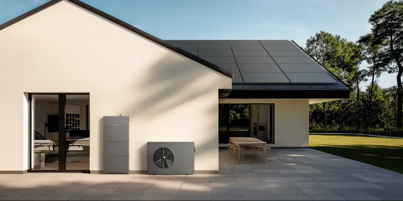 Modernes Haus mit Solaranlage auf dem Dach und Wärmepumpe. Ein Energiekonzept, das u wert optimiert und die Umwelt schont.