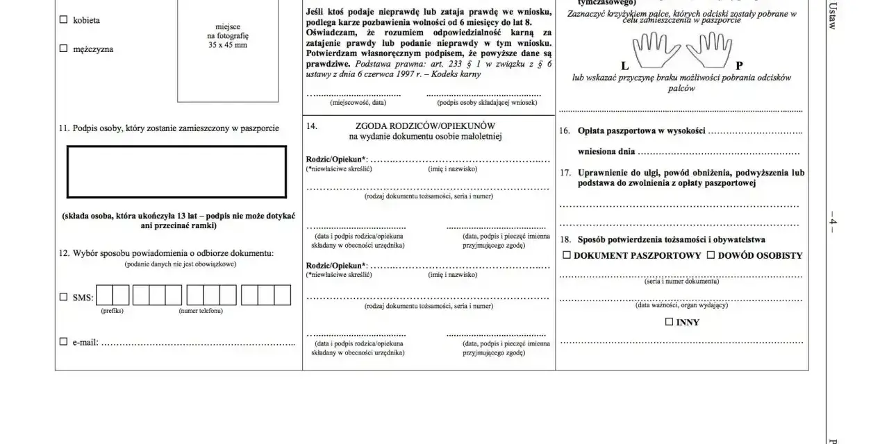 Formularz wniosku o paszport: sekcje dotyczące płci, podpisu, zgody rodziców, opłat i sposobu potwierdzenia tożsamości.