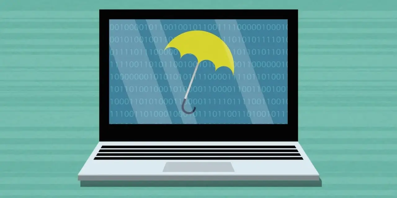 Laptop screen displays binary code with a yellow umbrella, symbolizing network management and security.