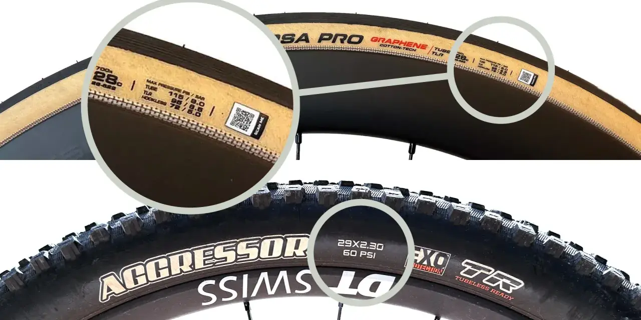 Two bike tires shown. The top is a road tire with a tan sidewall, the bottom is a knobby mountain bike tire. The mountain bike tire shows "60 PSI" as a recommended pressure, answering what psi should mountain bike tires be.