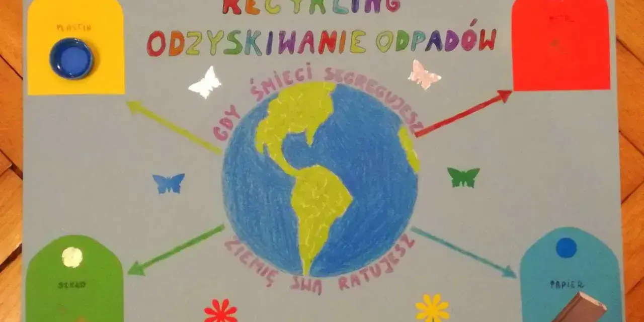 Plakat "Jak zrobić plakat" o recyklingu. Ziemia otoczona motylami i strzałkami wskazującymi na pojemniki na plastik, szkło, papier i metal.