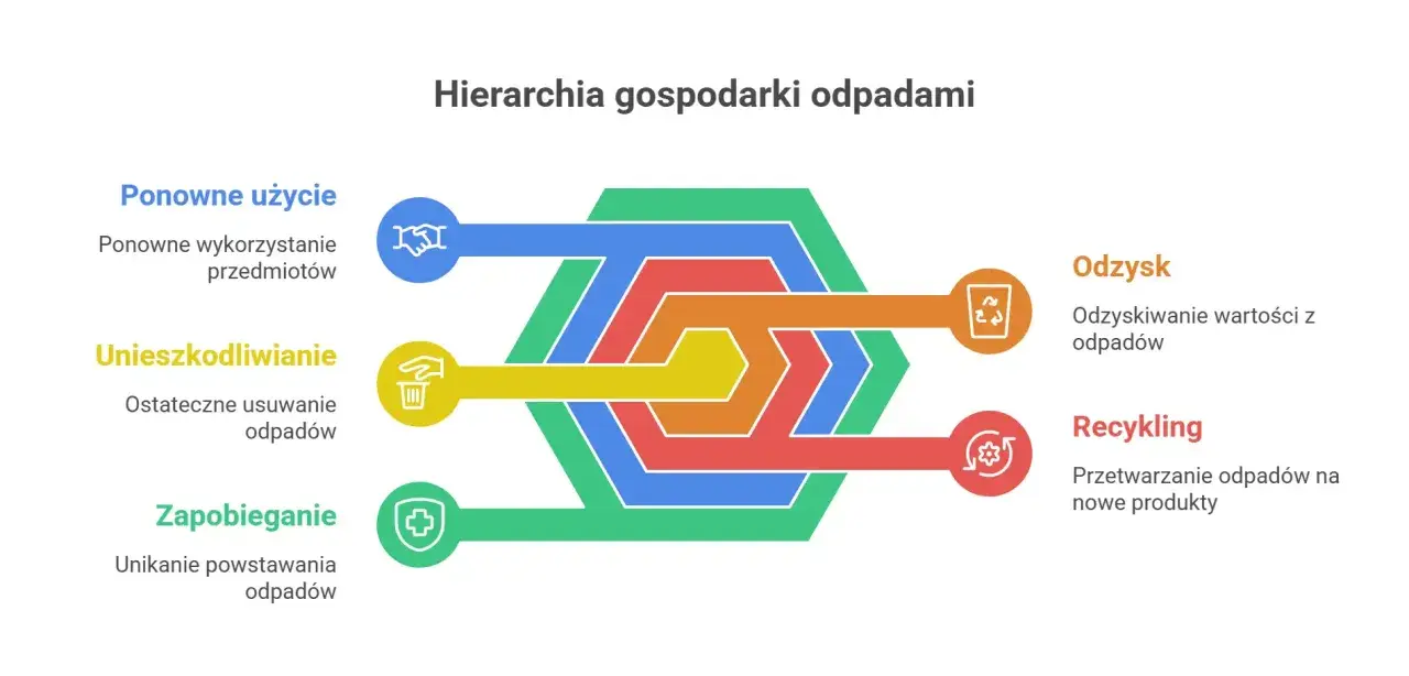 Hierarchia gospodarki odpadami: zapobieganie, ponowne użycie, unieszkodliwianie, odzysk i recykling. Unikaj żużlu odpad.