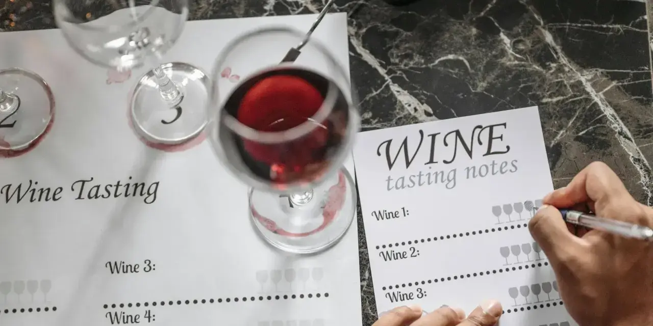 Ręka zapisuje notatki z degustacji wina. Kieliszki z czerwonym winem i arkusz "Wine Tasting" sugerują, jak degustować wino.