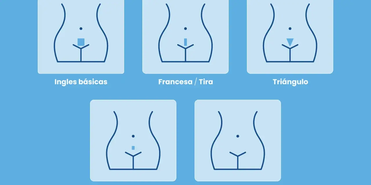 Ilustraciones de diferentes estilos de afeitado y depilación íntima: ingles básicas, francesa, triángulo, brasileña y Hollywood.