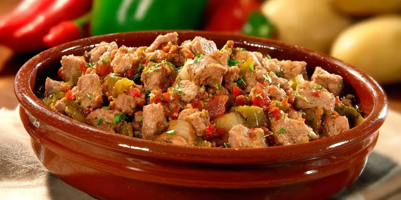 Un plat d'axoa de veau mijoté avec des poivrons et des oignons, garni de persil frais.
