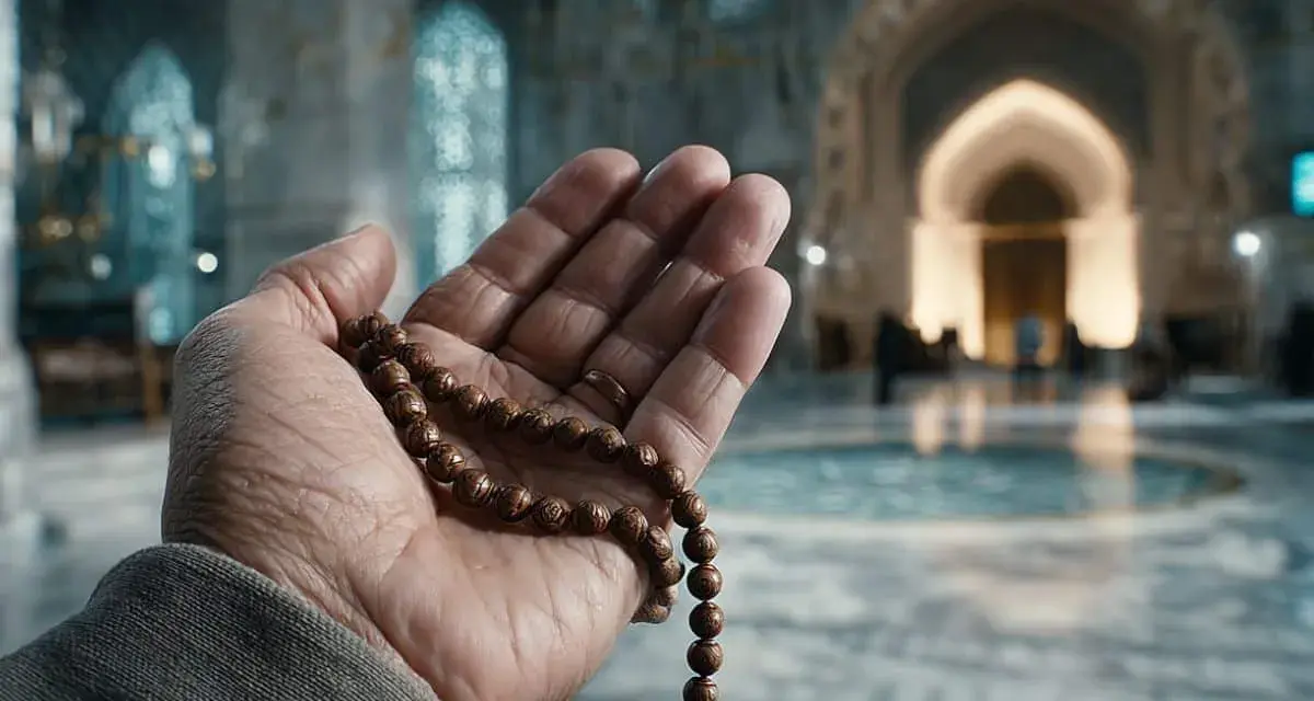 Eine Hand hält eine Gebetskette, ein Symbol des christlichen Glaubensbekenntnisses, vor einer Moschee.