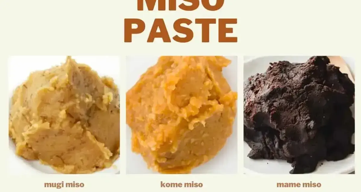 Trzy rodzaje japońskiej pasty z soi: mugi, kome i mame miso, różniące się kolorem i teksturą.