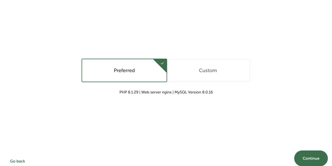 Étape 2 : Choix de l'environnement pour l'installation WordPress. Option "Preferred" sélectionnée.