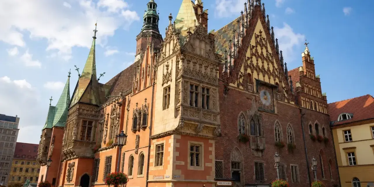 Wrocławski rynek tętni życiem. Wspaniały ratusz z wieloma wieżyczkami i zdobieniami dominuje nad placem.