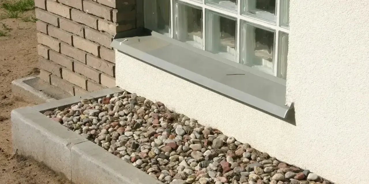 Kamienna opaska żwirowa wokół domu, otaczająca betonową rabatę z kolorowych kamieni, stanowi estetyczne i praktyczne wykończenie.