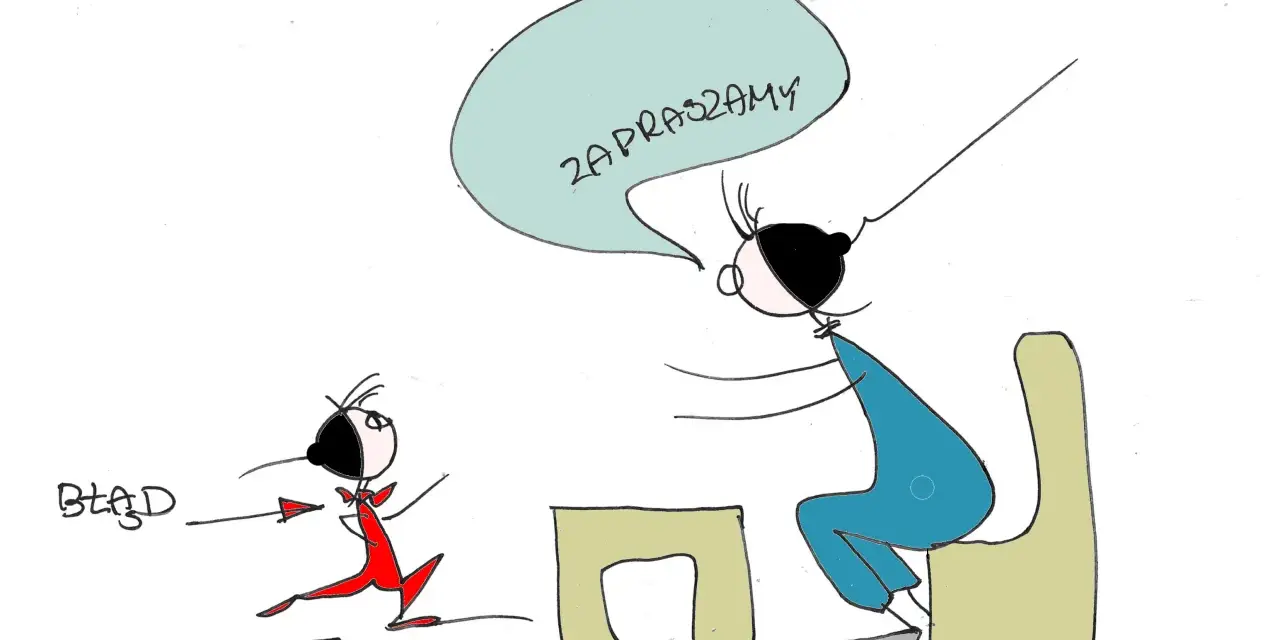 Błąd! Zapraszamy na referat. Dwie postacie, jedna biegnie, druga siedzi przy stole.