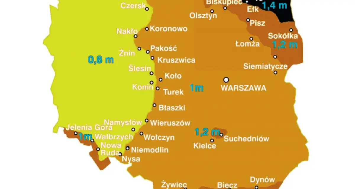 Mapa Polski z zaznaczonymi strefami przemarzania gruntu. Różne kolory wskazują głębokość przemarzania, np. 0,8 m na zachodzie, 1,4 m na północnym wschodzie.