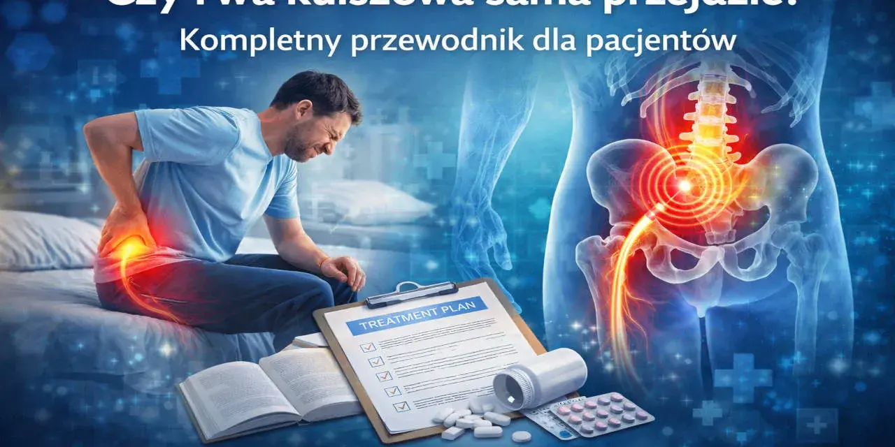 Mężczyzna z bólem w dolnej części pleców, plan leczenia, leki i schemat miednicy. Czy rwa kulszowa leczenie jest skuteczne?